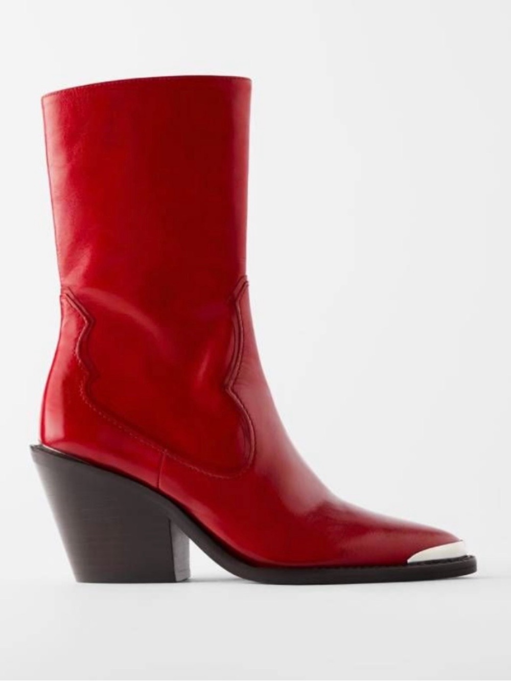 Zara Red Leather Pointed-Toe Western Heeled Boots